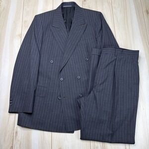 DUNHILL TRAVELLER Double Breasted Striped Wool Suit Mens 40R 33x30 Gray England